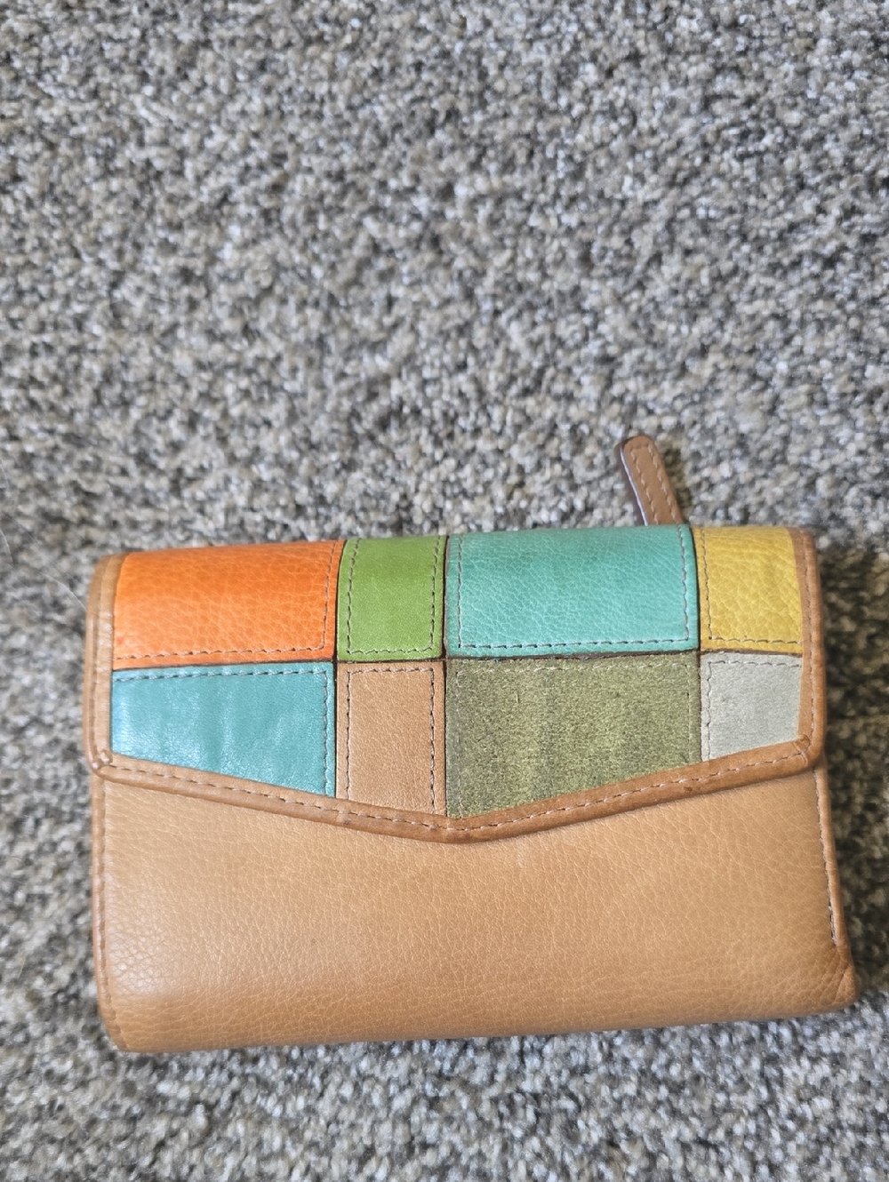 Fossil Tan Patchwork Leather Wallet with Orange, Green, Teal and Yellow Accents